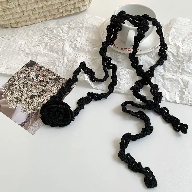 Narrow Long Crochet Rose Silk Scarf for Women - Image 4