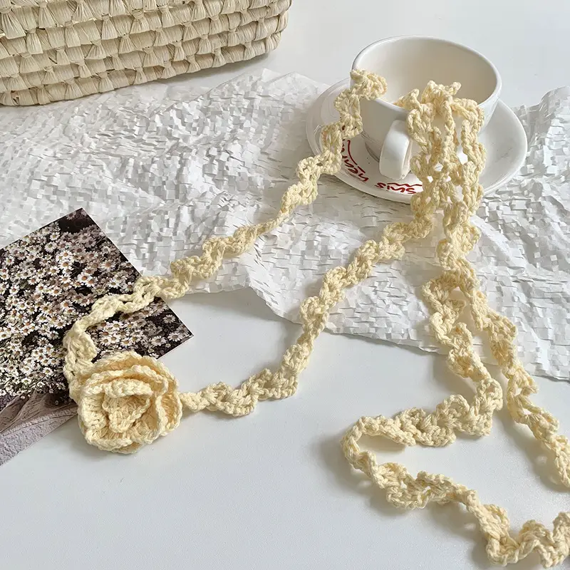 Narrow Long Crochet Rose Silk Scarf for Women - Image 5