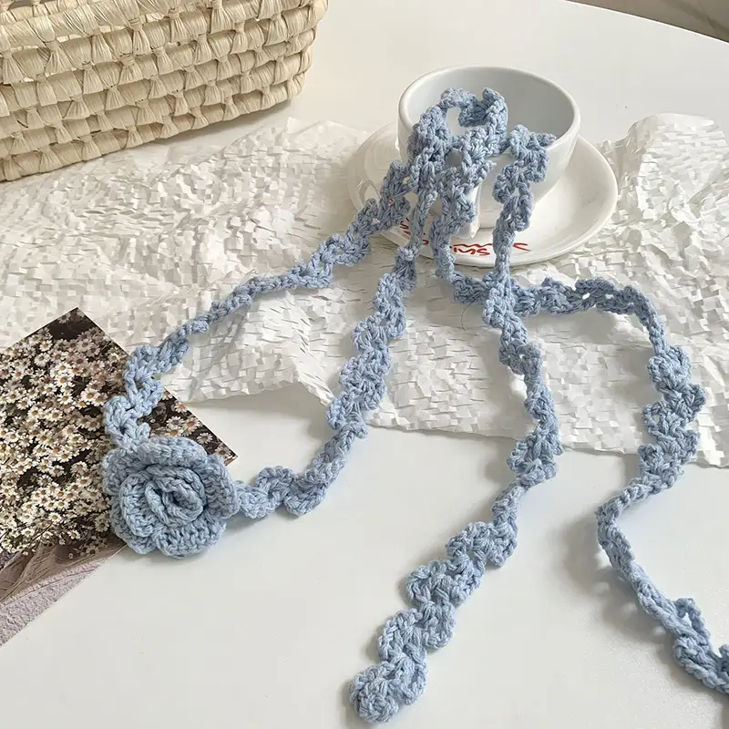 Narrow Long Crochet Rose Silk Scarf for Women - Image 6