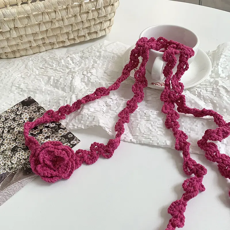 Narrow Long Crochet Rose Silk Scarf for Women - Image 7