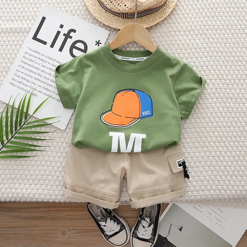 Boys Printed Hat Letter Shorts Set Orange Beige 2025 - Image 2