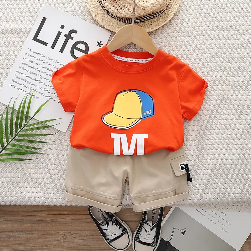 Boys Printed Hat Letter Shorts Set Orange Beige 2025 - Image 3