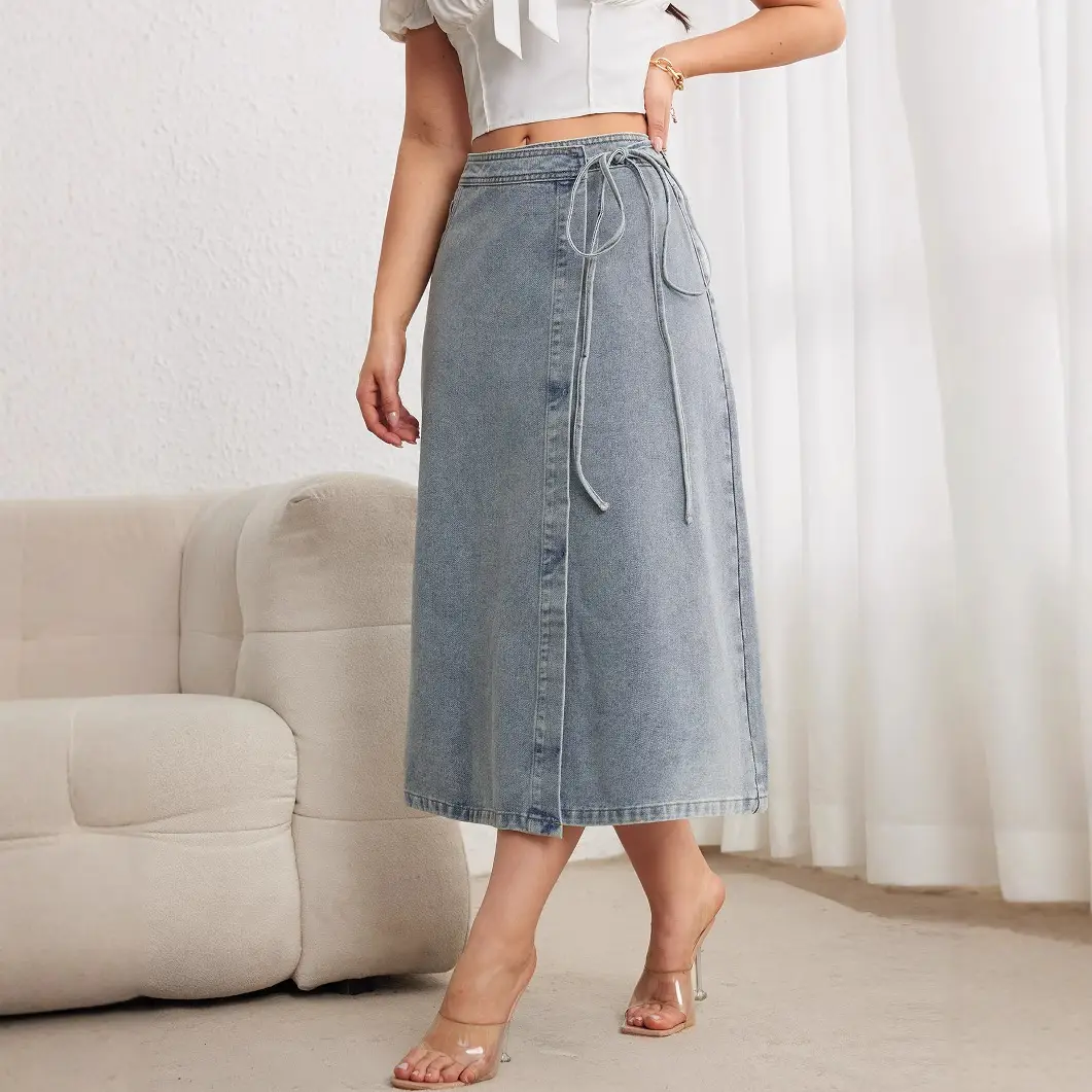 2025 Denim Midi Skirt for Women Elegant Split Wrap Loose - Image 3