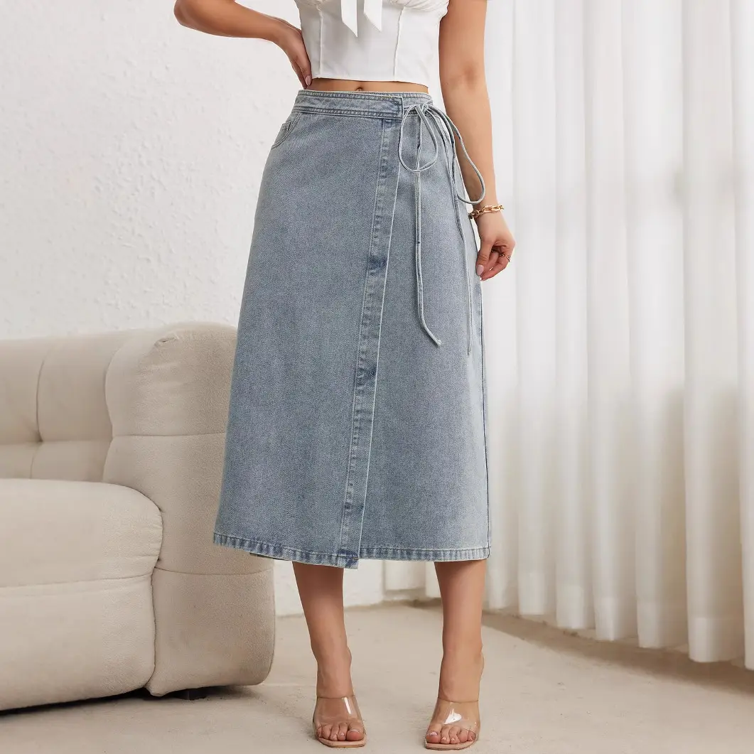 2025 Denim Midi Skirt for Women Elegant Split Wrap Loose - Image 4