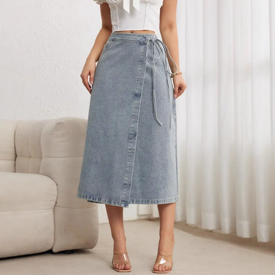 2025 Denim Midi Skirt for Women Elegant Split Wrap Loose - Image 5