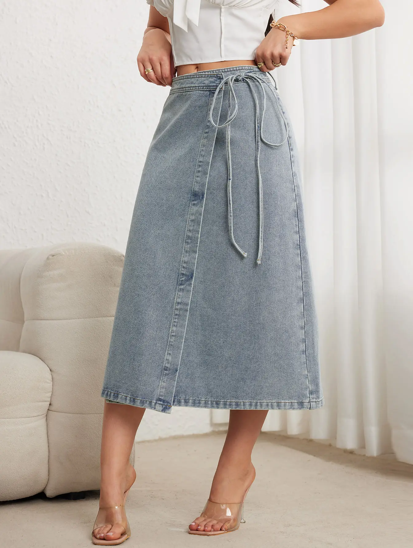 2025 Denim Midi Skirt for Women Elegant Split Wrap Loose — feature 1