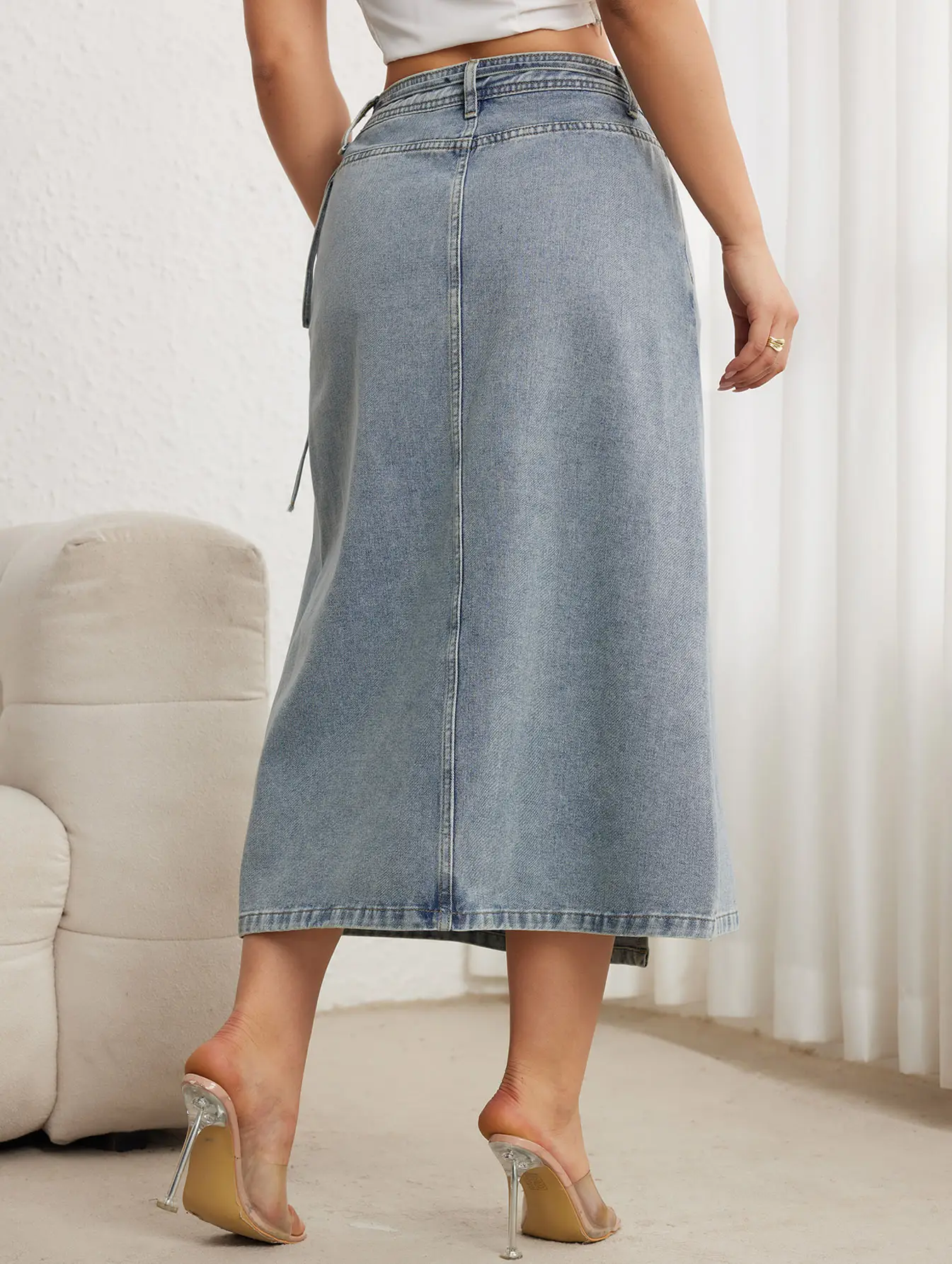 2025 Denim Midi Skirt for Women Elegant Split Wrap Loose — feature 2
