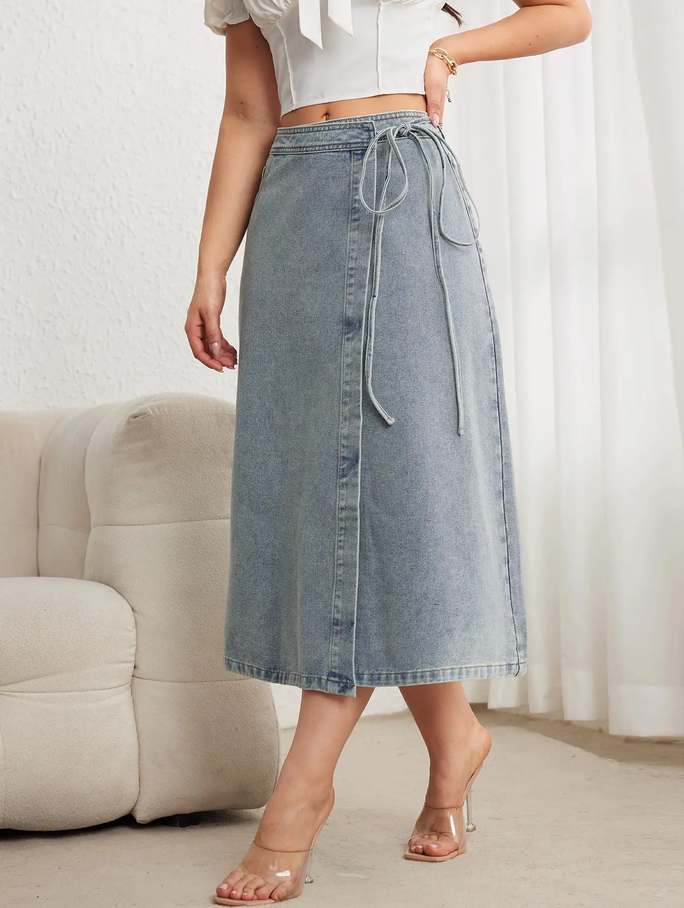 2025 Denim Midi Skirt for Women Elegant Split Wrap Loose — feature 4