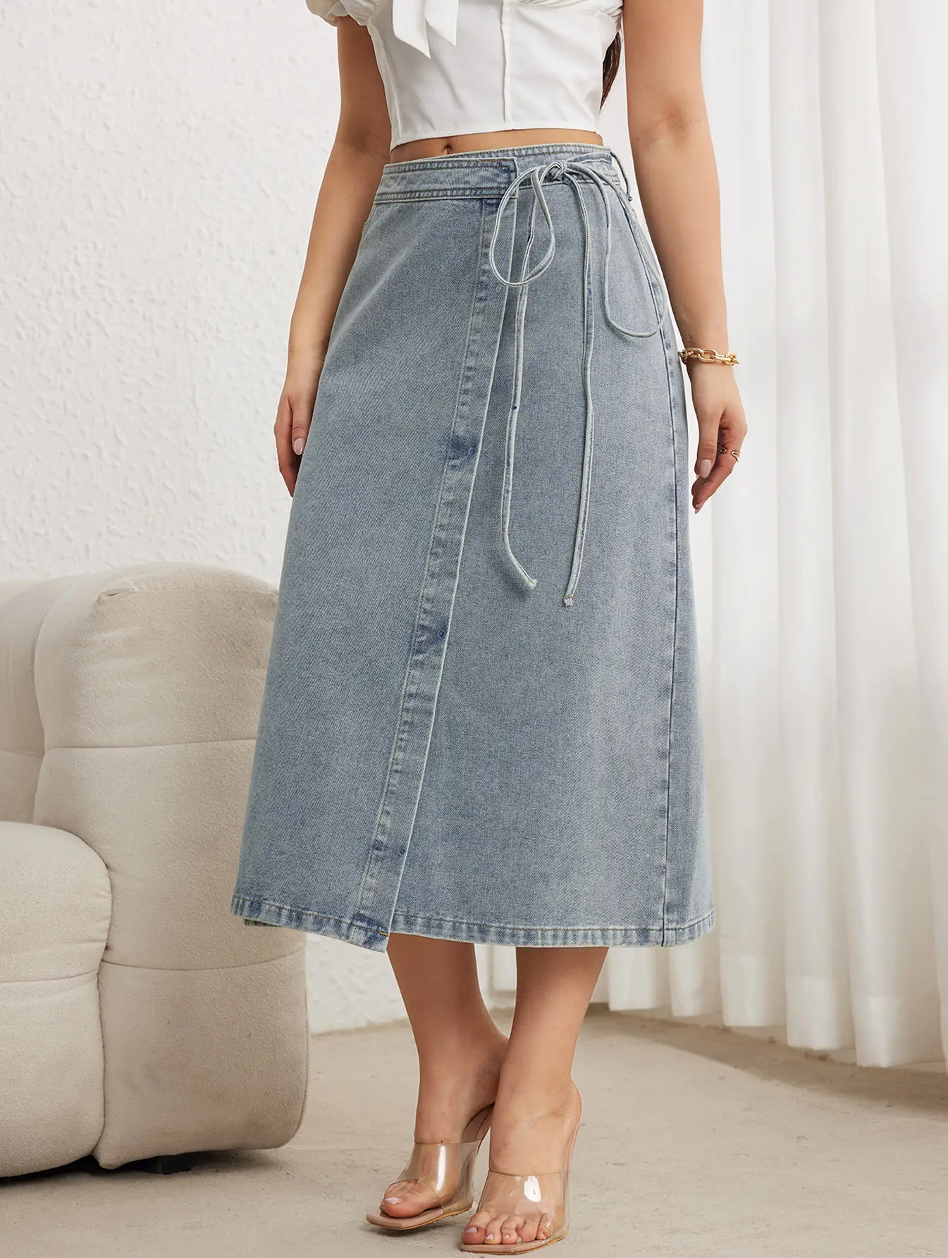2025 Denim Midi Skirt for Women Elegant Split Wrap Loose — feature 5