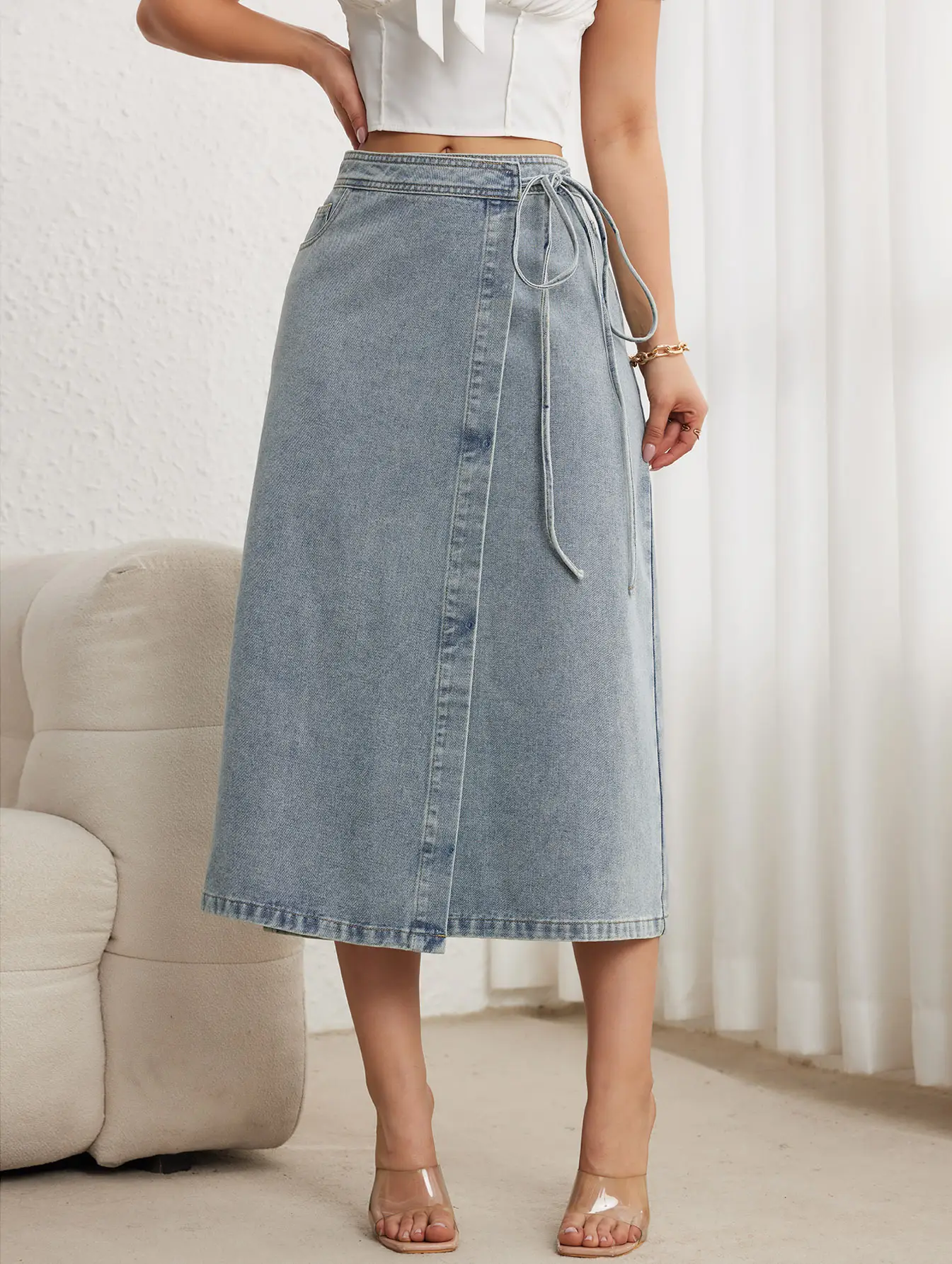 2025 Denim Midi Skirt for Women Elegant Split Wrap Loose — feature 6