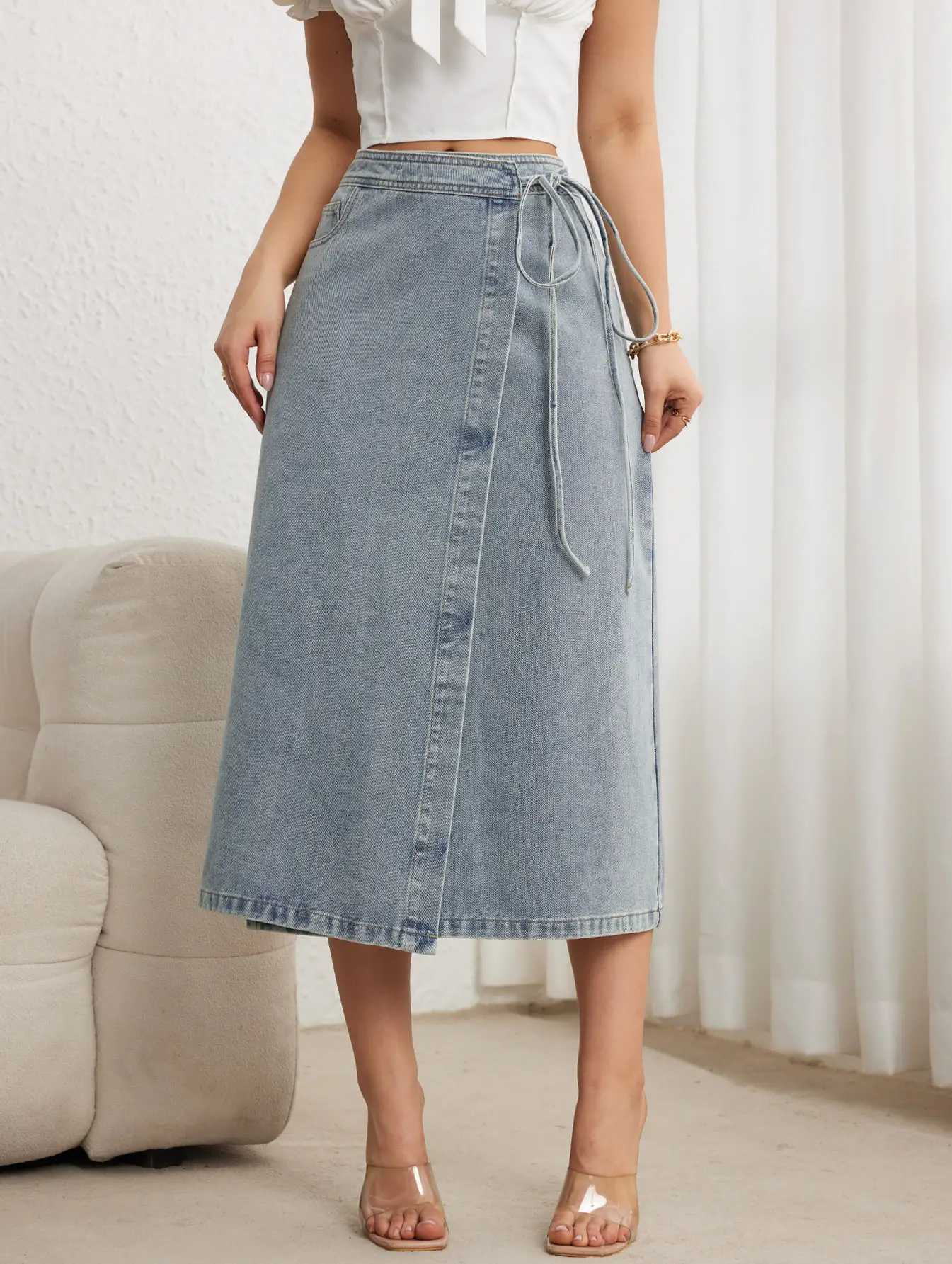 2025 Denim Midi Skirt for Women Elegant Split Wrap Loose — feature 7
