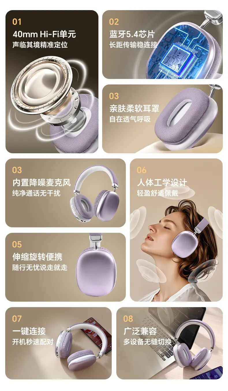 Bluetooth Wireless Headphones Purple Long Lasting No Sound Leakage β feature 7