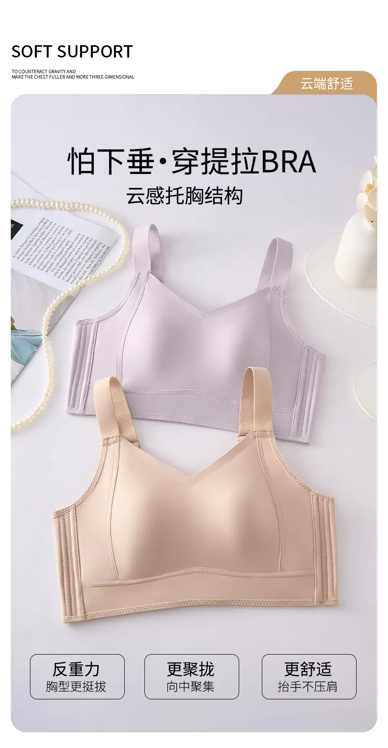 Traceless Ultra-thin Underwear Large Chest Small Steel Ring-free Adjustable Rabbit Ear Cleat Anti-sagging Full Cup Bra — feature 5
