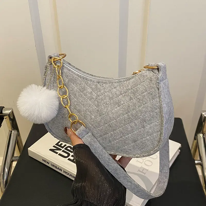 Women's Vintage Crossbody Bag with Fur Pom Pom Beige - Image 10