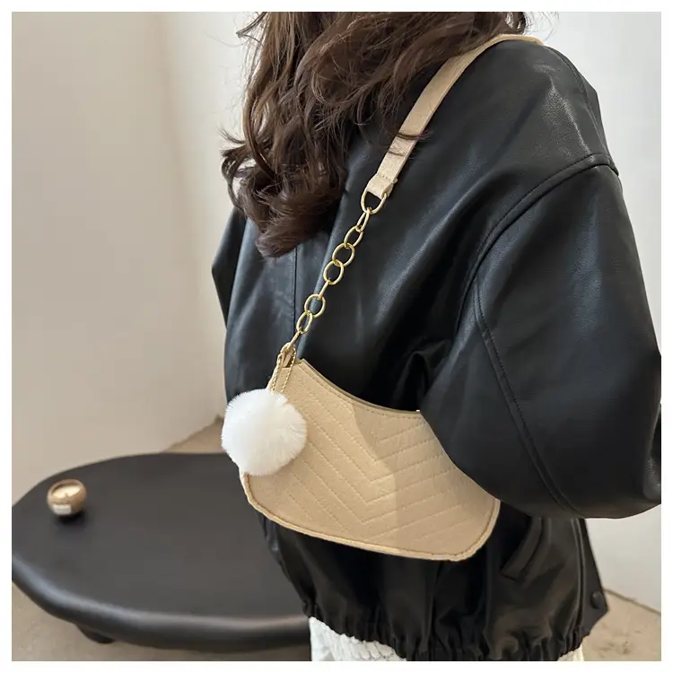 Women's Vintage Crossbody Bag with Fur Pom Pom Beige — feature 26