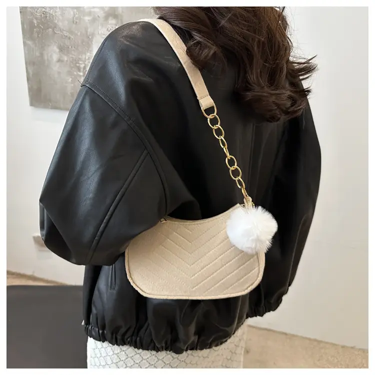 Women's Vintage Crossbody Bag with Fur Pom Pom Beige — feature 29