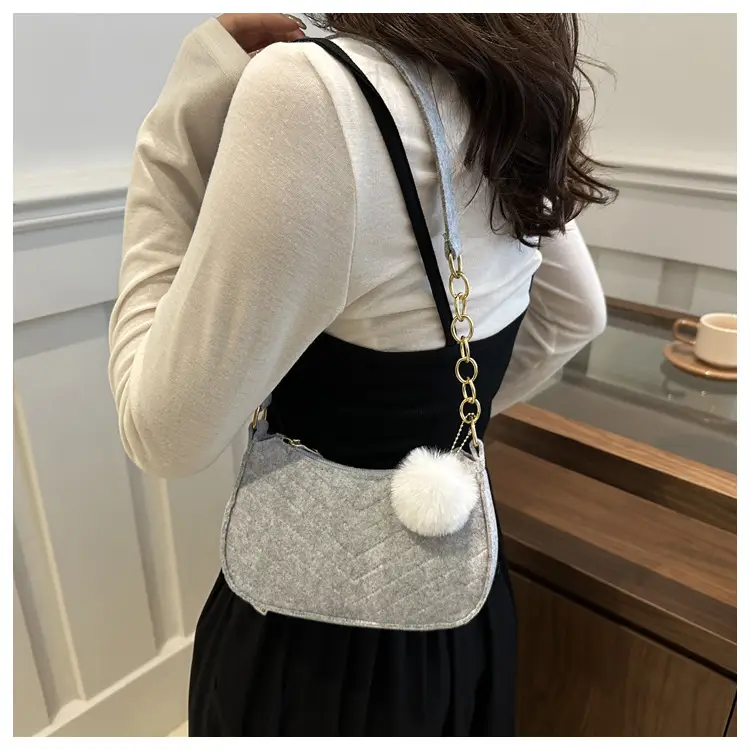 Women's Vintage Crossbody Bag with Fur Pom Pom Beige — feature 38