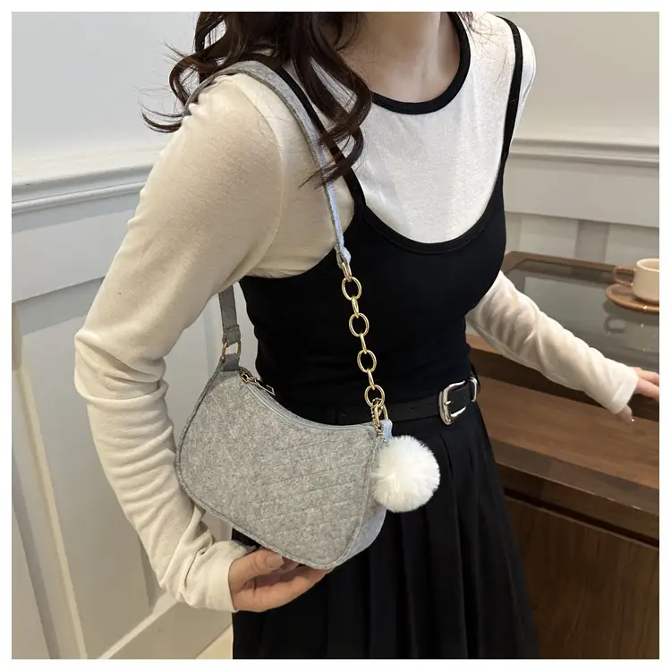 Women's Vintage Crossbody Bag with Fur Pom Pom Beige — feature 40