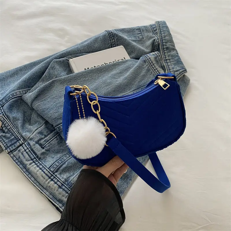 Women's Vintage Crossbody Bag with Fur Pom Pom Beige