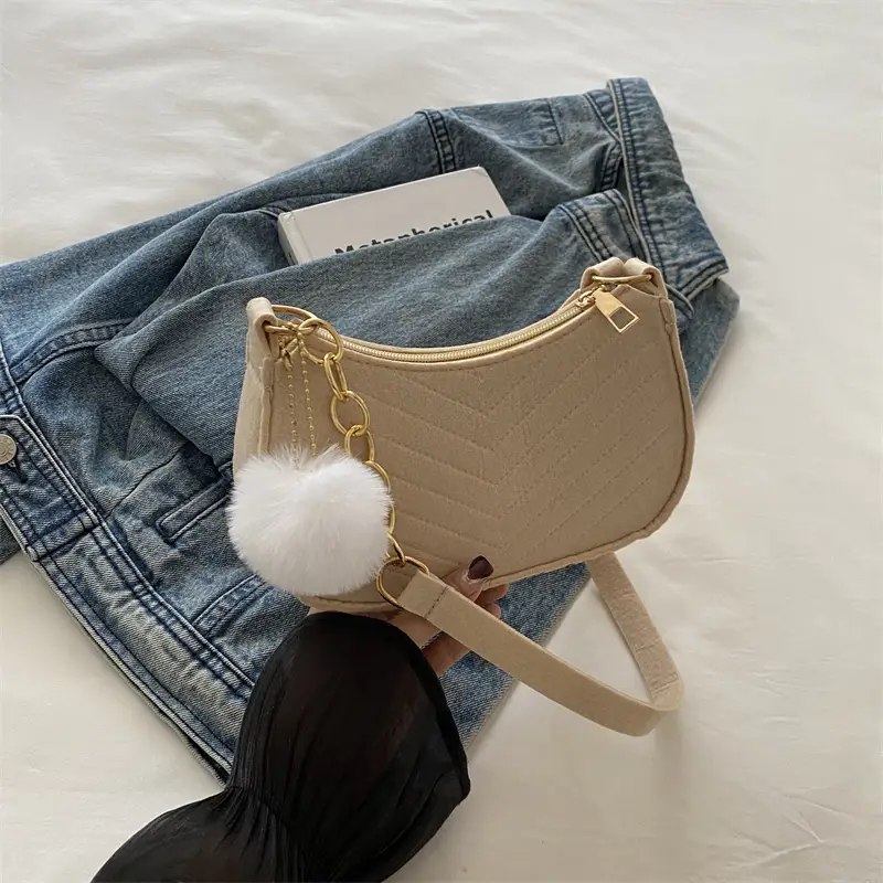 Women's Vintage Crossbody Bag with Fur Pom Pom Beige - Image 3