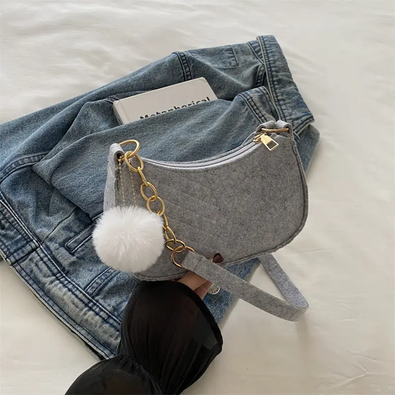 Women's Vintage Crossbody Bag with Fur Pom Pom Beige - Image 4