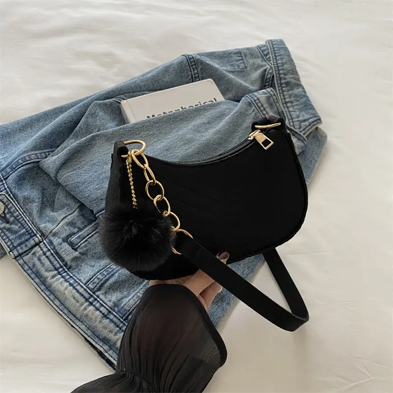 Women's Vintage Crossbody Bag with Fur Pom Pom Beige - Image 5