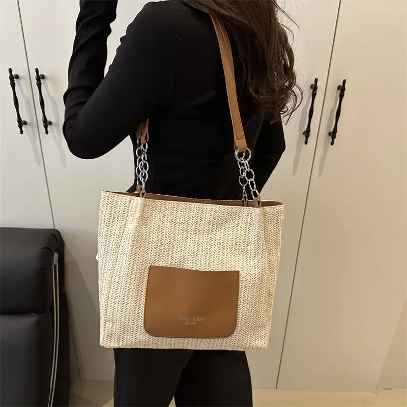 Women Woven Straw Shoulder Bag Beige Pink 2025 - Image 7