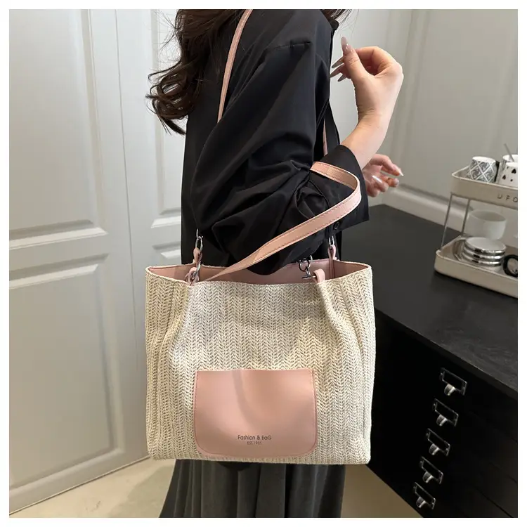 Women Woven Straw Shoulder Bag Beige Pink 2025 — feature 10