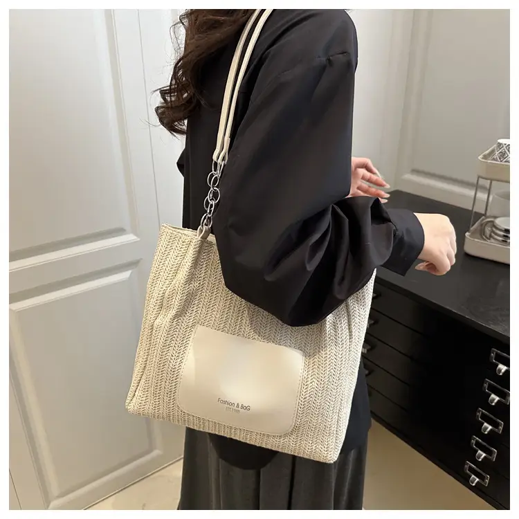 Women Woven Straw Shoulder Bag Beige Pink 2025 — feature 12