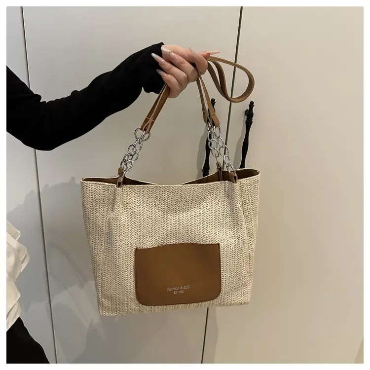 Women Woven Straw Shoulder Bag Beige Pink 2025 — feature 15