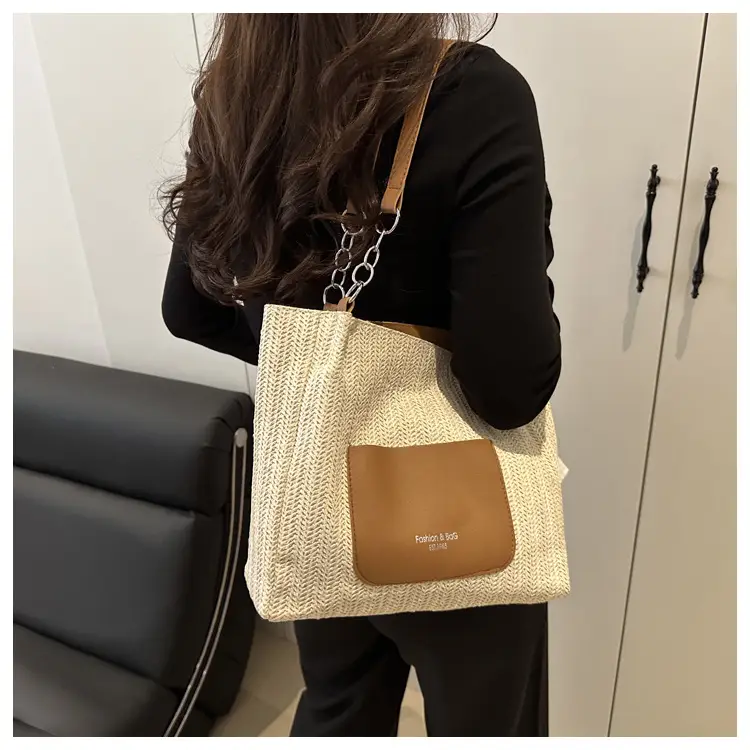 Women Woven Straw Shoulder Bag Beige Pink 2025 — feature 16