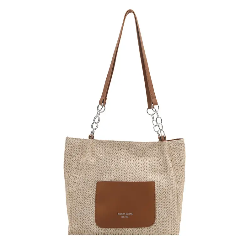Women Woven Straw Shoulder Bag Beige Pink 2025 - Image 4