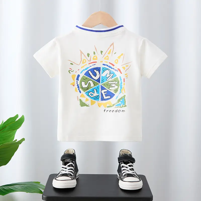 Boys Cotton Polo T-Shirt White Blue Print Medium Large - Image 3