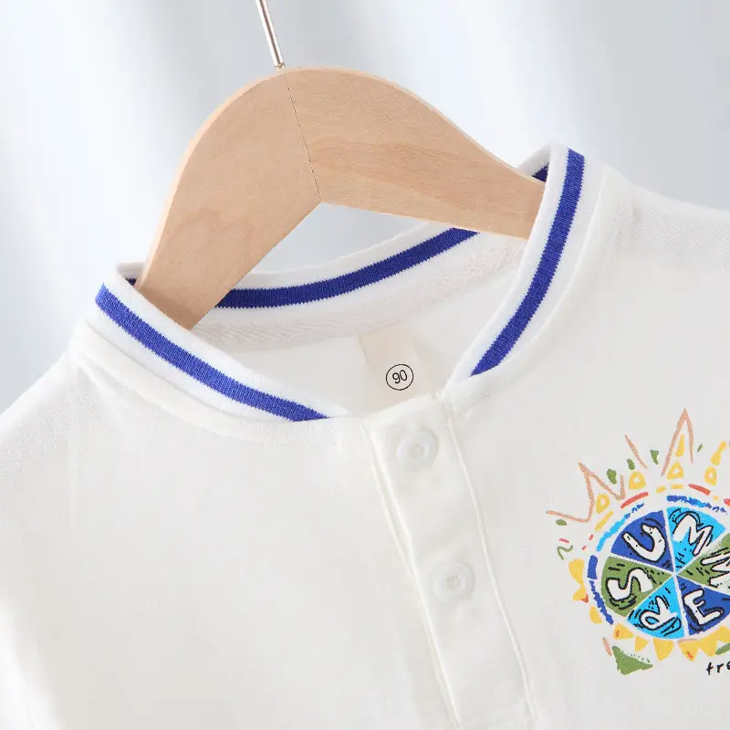 Boys Cotton Polo T-Shirt White Blue Print Medium Large - Image 4