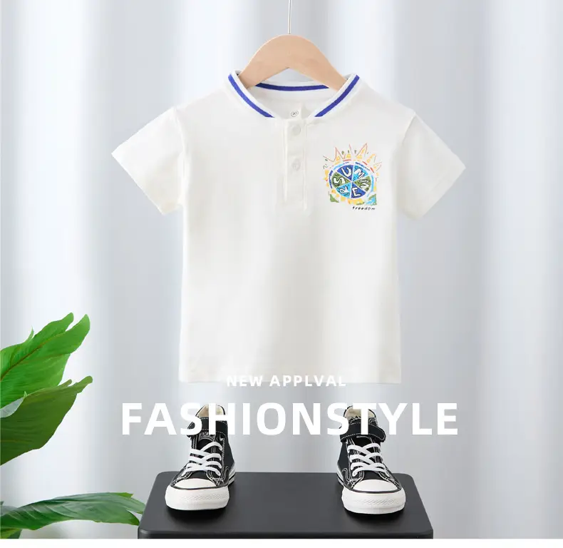 Boys Cotton Polo T-Shirt White Blue Print Medium Large — feature 1