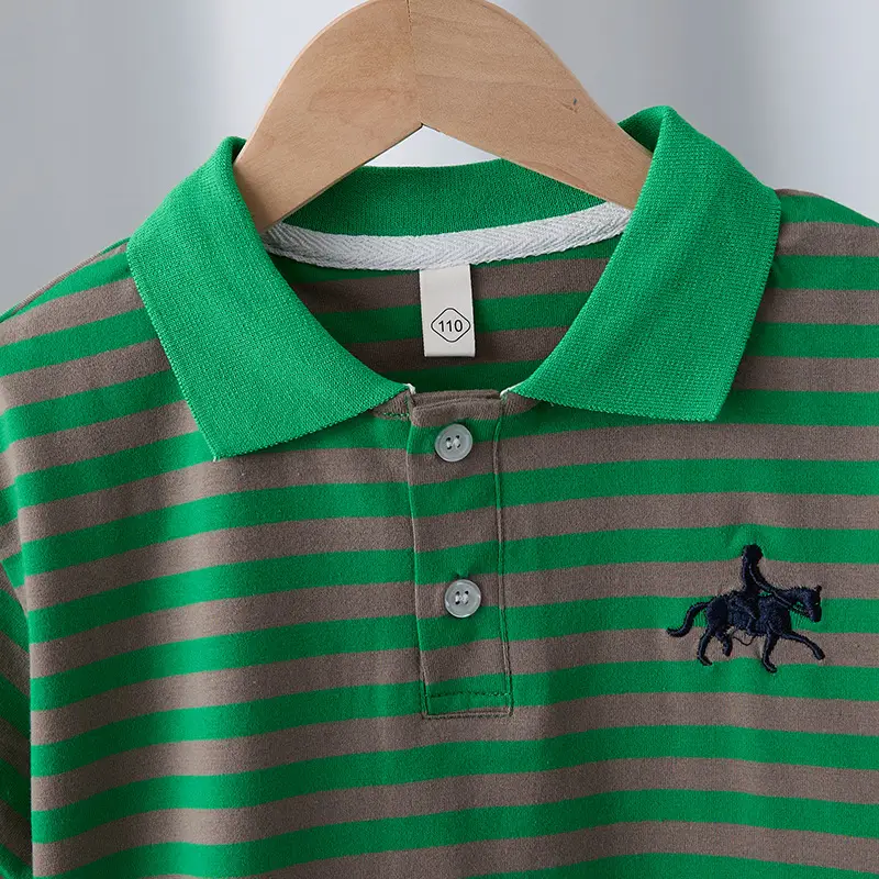 Boys Lapel Polo Shirt Suit Green Striped 2025 - Image 4