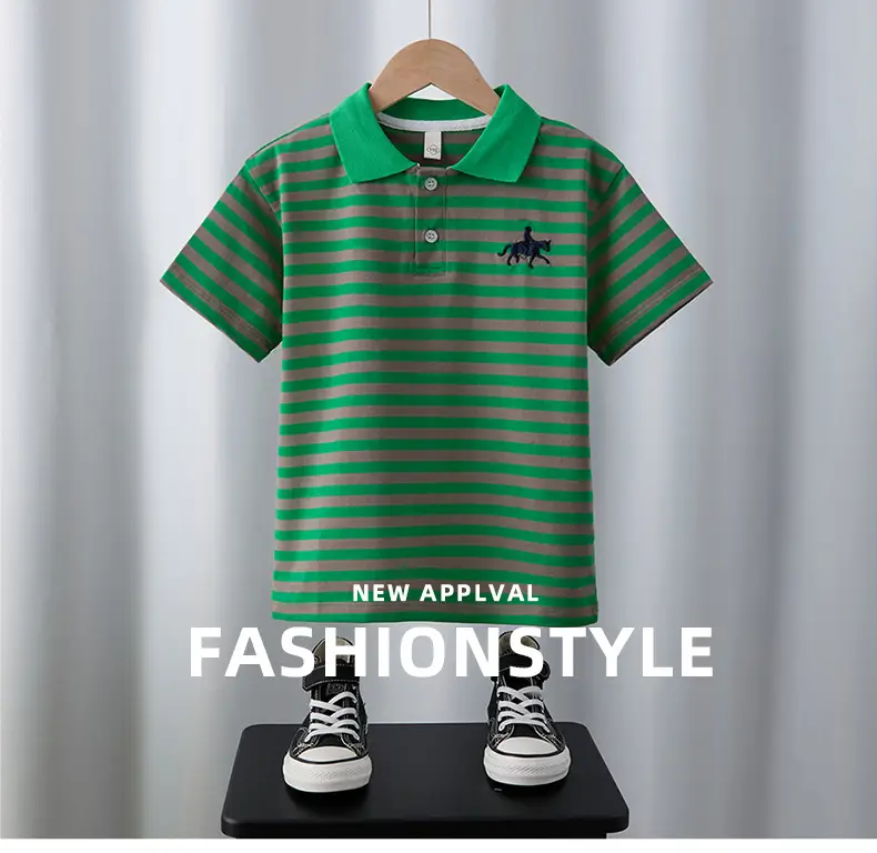 Boys Lapel Polo Shirt Suit Green Striped 2025 — feature 1