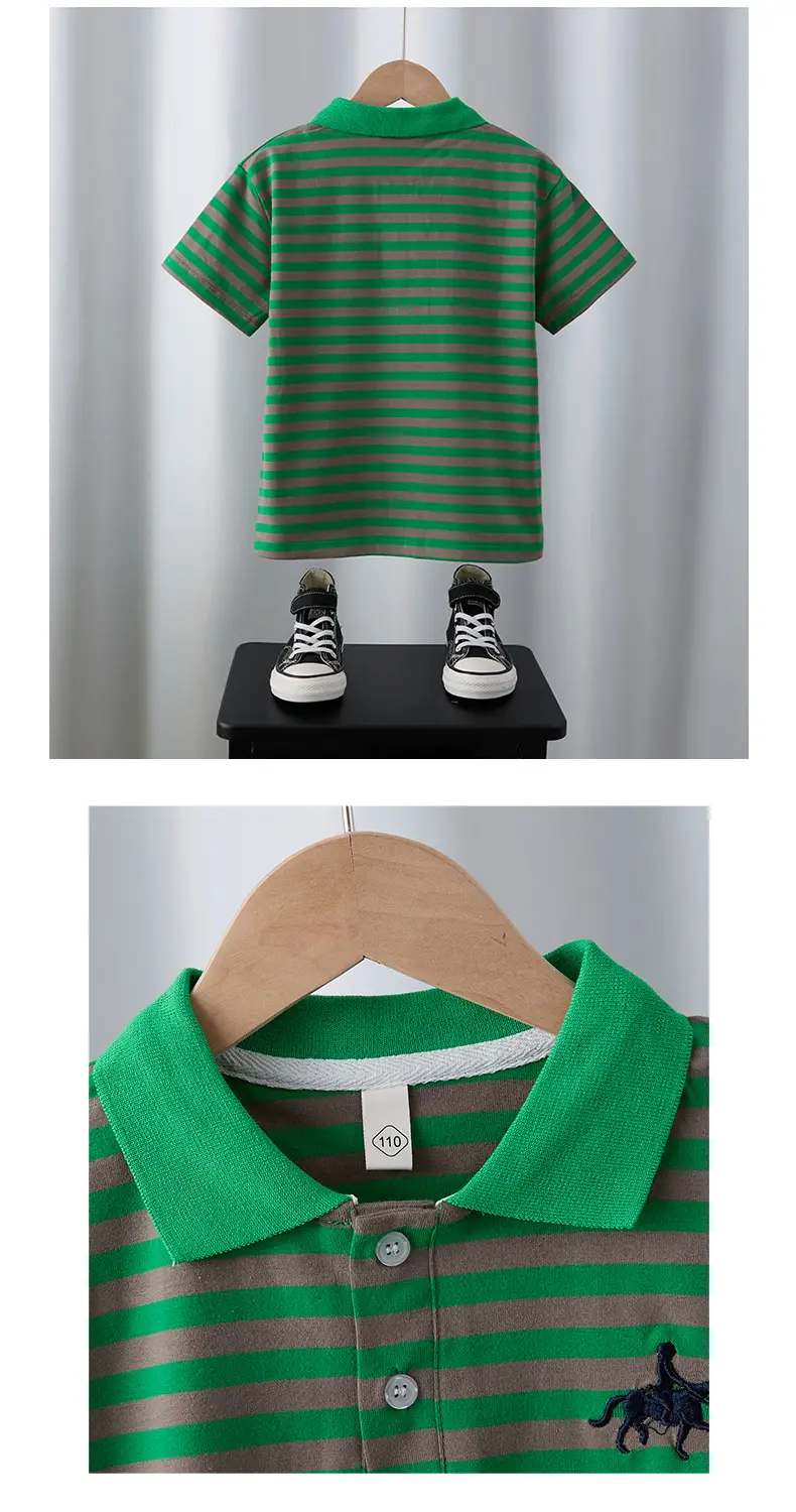 Boys Lapel Polo Shirt Suit Green Striped 2025 — feature 5