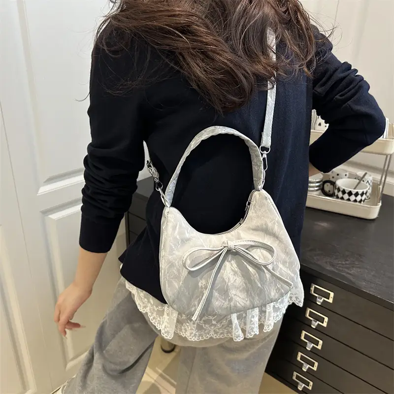 Women's White Lace-Up Crossbody Bag with Bow - Image 7