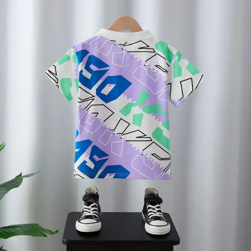 Boys 2025 Summer Polo Shirt Purple Geometric Design - Image 3