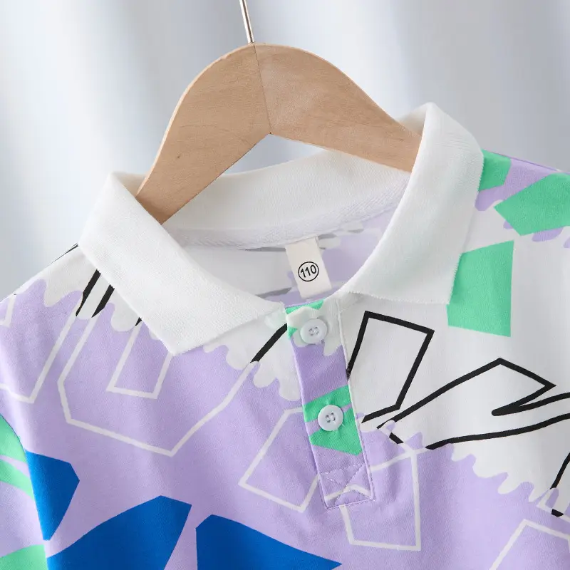 Boys 2025 Summer Polo Shirt Purple Geometric Design - Image 4