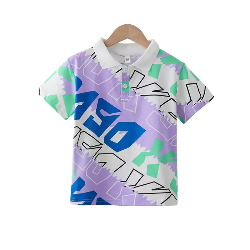 Boys 2025 Summer Polo Shirt Purple Geometric Design - Image 6