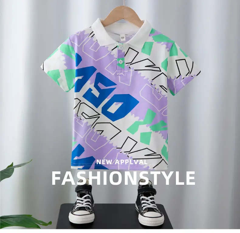 Boys 2025 Summer Polo Shirt Purple Geometric Design — feature 1