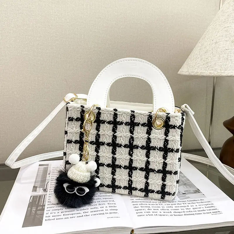 Women's Black White Checkered Daffy Shoulder Bag with Pearl Decor - Image 4