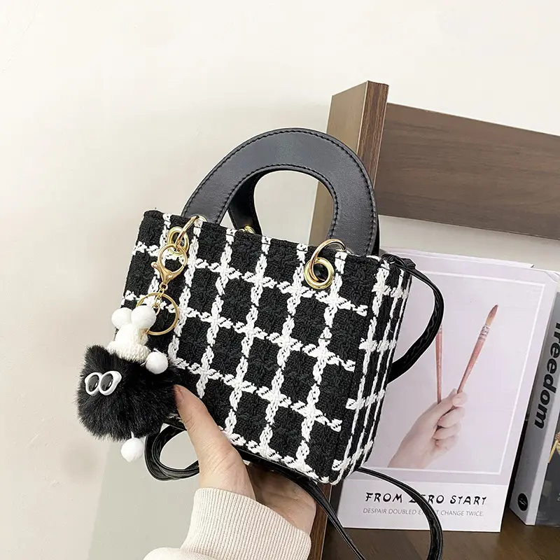 Women's Black White Checkered Daffy Shoulder Bag with Pearl Decor - Image 5