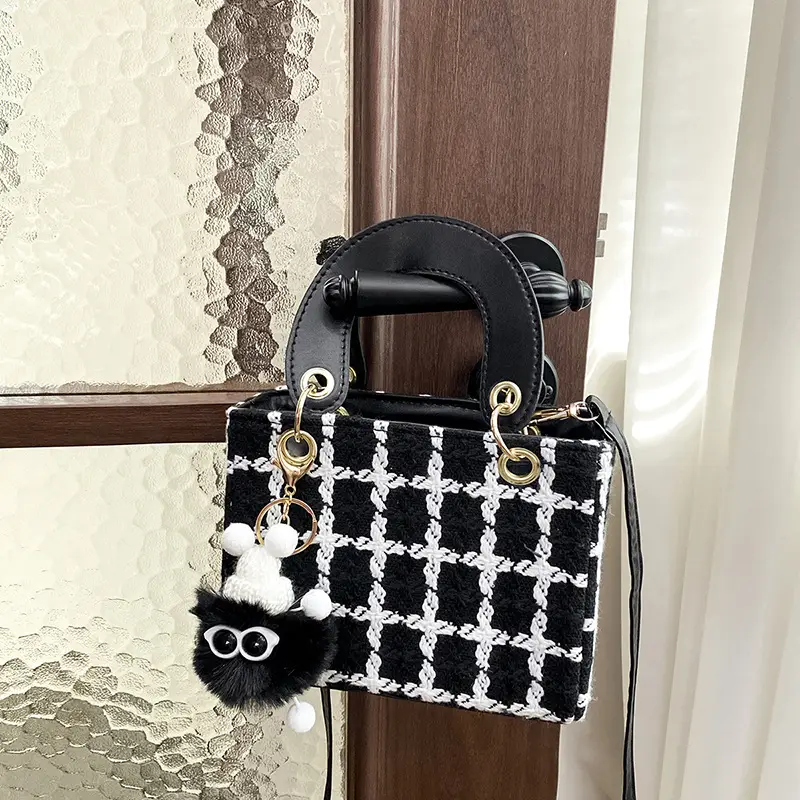 Women's Black White Checkered Daffy Shoulder Bag with Pearl Decor - Image 6