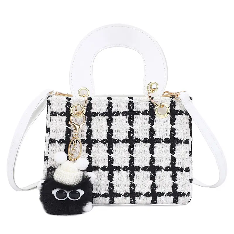 Women's Black White Checkered Daffy Shoulder Bag with Pearl Decor - Image 7