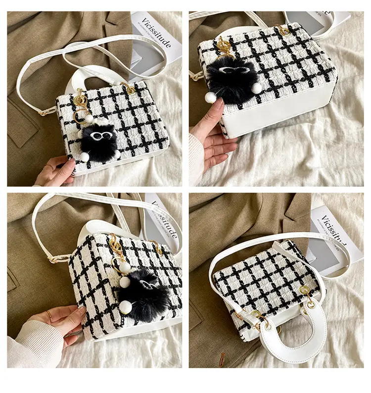 Women's Black White Checkered Daffy Shoulder Bag with Pearl Decor — feature 10