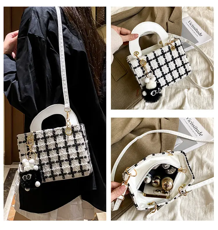 Women's Black White Checkered Daffy Shoulder Bag with Pearl Decor — feature 11
