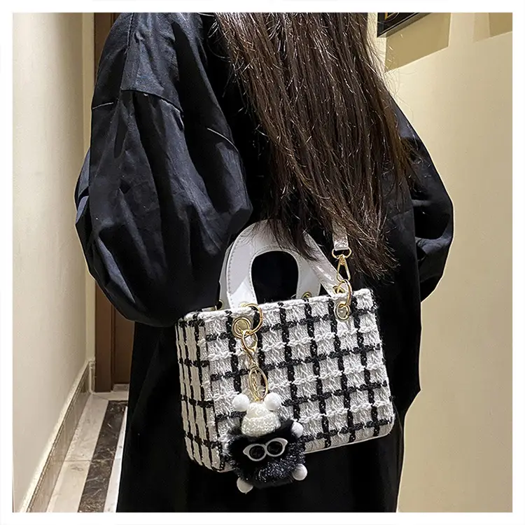 Women's Black White Checkered Daffy Shoulder Bag with Pearl Decor — feature 13